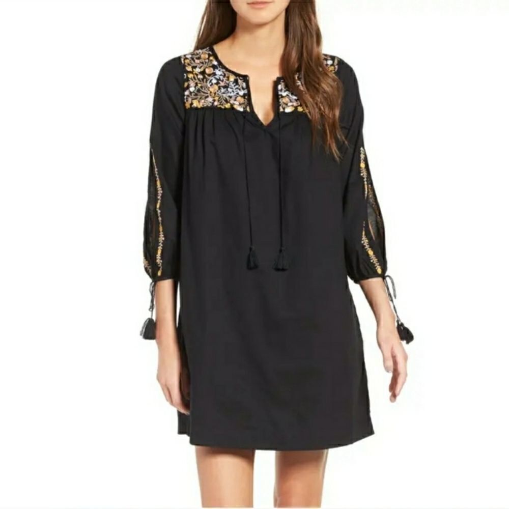 Madewell Embroidered Slit Sleeve Black Dress XS